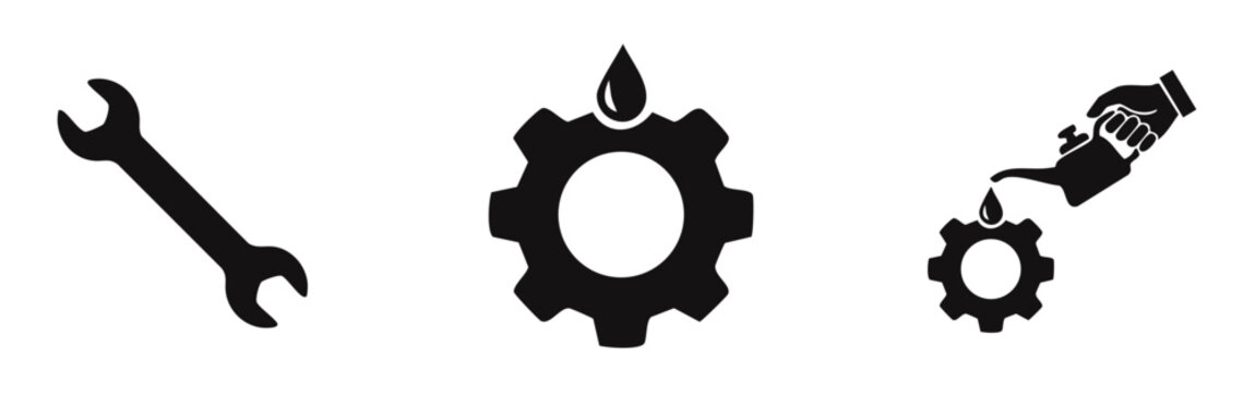 Minimalist black icons for mechanical maintenance: wrench, gear with oil drop, and hand pouring lubricant from an oil can.