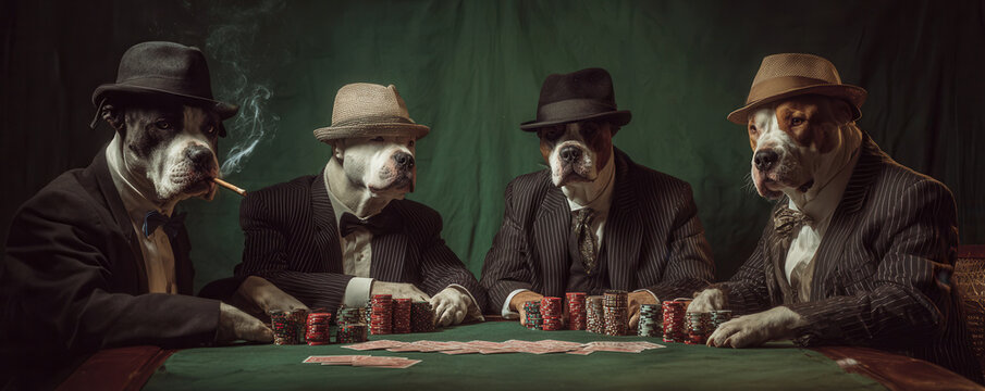 Dogs in suits playing poker at a table with chips and cards during the night with a green background