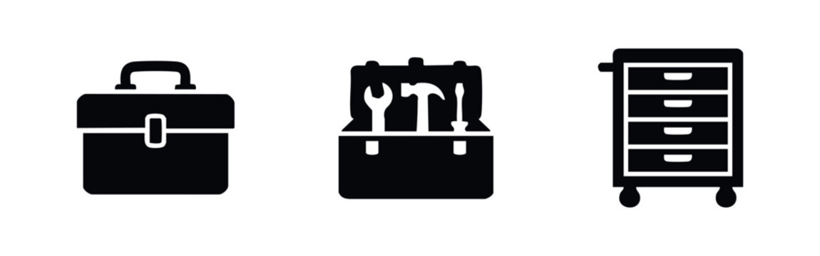 Set of black toolbox and tool chest icons. Professional equipment for storage of hand tools for repair, construction, maintenance, and DIY projects.