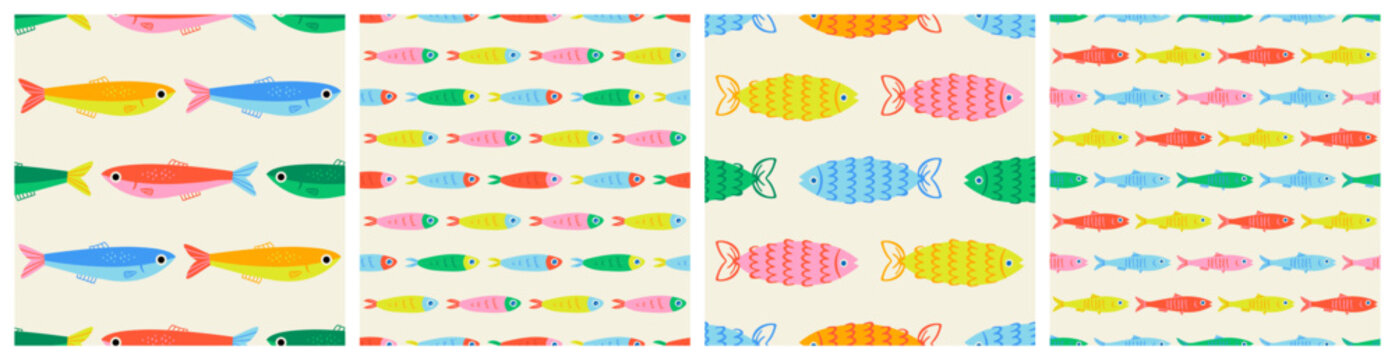 Colorful fish animal seamless pattern set. Summer background design collection. Vacation travel concept. Fishing activity flat cartoon backdrop illustration.