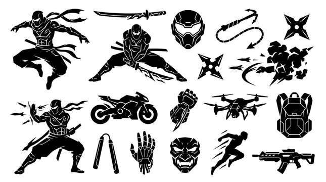 Action Gaming Martial Arts Vector Icons Set: Ninjas, Weapons, Combat Gear  Adventure Elements in Black and White Silhouette Glyphs