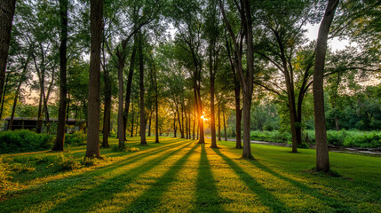 Obraz premium Sunlight streaming through a canopy of green trees casting long shadows on a grassy