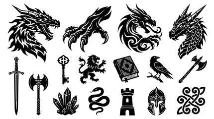 Obraz premium Fantasy Mythology Gaming Medieval Vector Glyph Icons Set. Black and White Tribal Symbols of Dragons, Weapons, Magic, and Ancient Lore.
