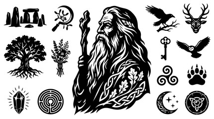 Naklejka premium Paganism, Celtic Mythology Spirituality Black and White Glyph Vector Illustration Set. Ancient Druid, Nature, Mystical Symbols Icons Collection.