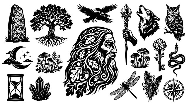 Mystical Nature Elements: Old Man Face, Wolf, Owl, Tree, Stone, Mushrooms, Crystals, Dragonflies, Feathers, Moon, Hourglass, Key, Snake, Compass, Black  White Vector Art