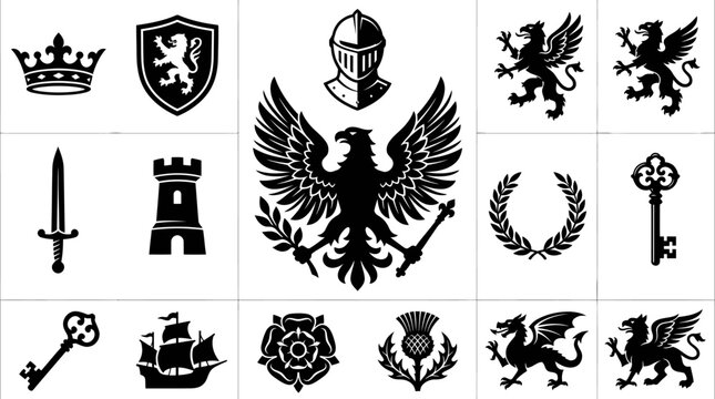 Monochrome Glyph Vector Icons of Heraldic and Medieval Symbols: Crowns, Griffins, Dragons, Castles, Shields, and more for Royal, Historical, and Fantasy Emblems.