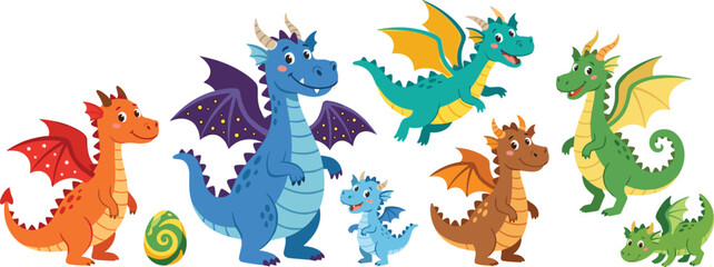 Fototapeta premium Cute cartoon dragon family set with flying and standing fantasy creatures colorful characters kids design flat vector illustration