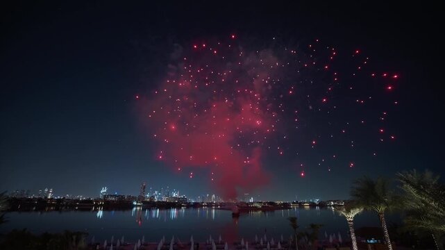 Vibrant fireworks explode in brilliant pink red and white bursts over Dubai waterfront. City skyline reflects on calm water as palm trees frame the stunning pyrotechnic display against dark night sky.