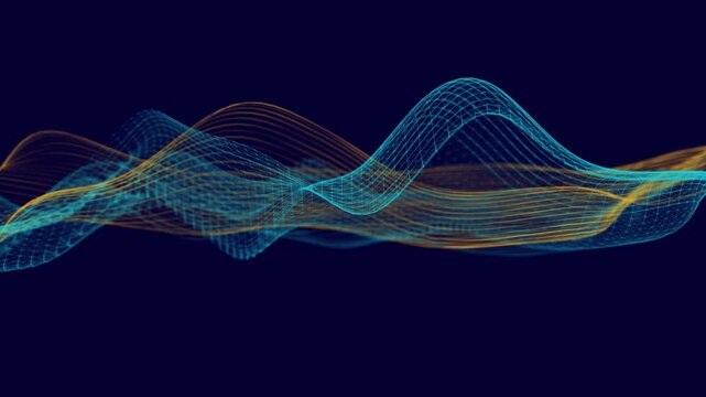 Abstract futuristic wavy lines and color grid flow in way. Glowing  lines over color dots lines in cyberspace. 5G. Futuristic big data streaming in flowing inside of optical way.