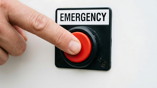 Person pressing red emergency stop button on wall mounted panel transparent background