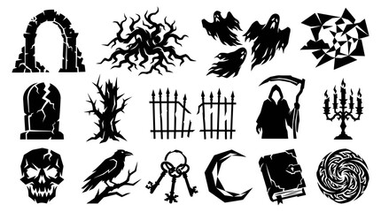 Naklejka premium Halloween Gothic Spooky Vector Icons Set. Black and White Silhouettes of Fantasy and Horror Elements: Reaper, Ghosts, Skull, Tombstone, Magic, Raven, Cemetery.