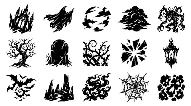 Halloween Gothic Horror Elements Vector Icons Set. Spooky Silhouettes of Castle, Bat, Tree, Skull, Tombstone, Spiderweb, Ghost, Monster for Dark Fantasy Designs.