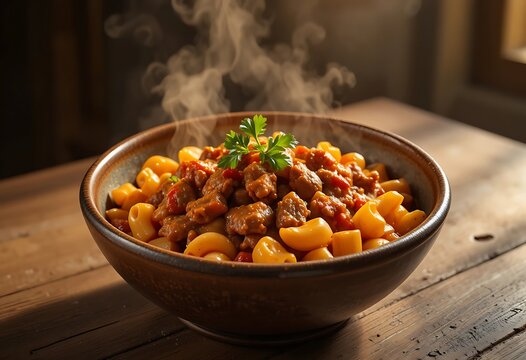Delicious beef stew with chunks of meat and vegetables in a rustic bowl on a dark wooden table