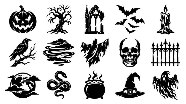 Glyph Style Black and White Halloween Icons Set. Spooky Vector Symbols: Pumpkin, Skull, Ghost, Bat, Witch Hat, Cauldron, Tree, Candle, Raven.