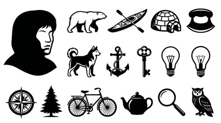 Obraz premium Black White Outdoor Adventure Glyph Icons Set. Nature, Travel, and Exploration Symbols Collection for Concepts and Elements.
