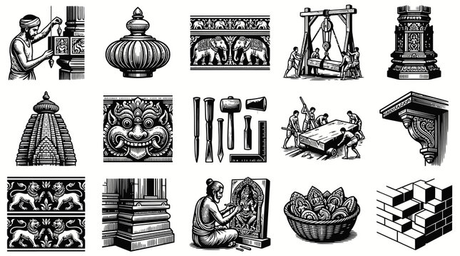 Traditional Stone Craftsmanship  Temple Building: Indian Architecture, Carving Tools, Artisans, and Construction Process in Black and White Line Art