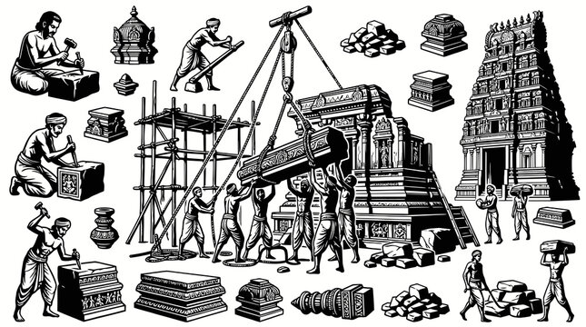 Ancient Indian Temple Building and Stone Carving Process in Black  White Line Art Illustration, showing historical craftsmanship and workers.