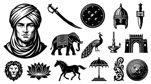 Vintage Indian Mughal Heritage Icons Set. Black and White Vector Line Art Collection with Turbaned Man, Elephant, Peacock, Fort, Swords, Shields, and Traditional Symbols.