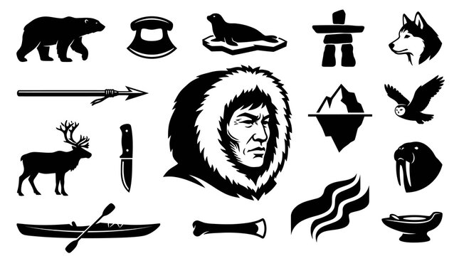 Arctic Inuit Culture  Wildlife Icon Set. Black  White Glyph Silhouettes of Polar Bear, Caribou, Inukshuk, Walrus, Spear, Kayak, Owl  Traditional Tools.