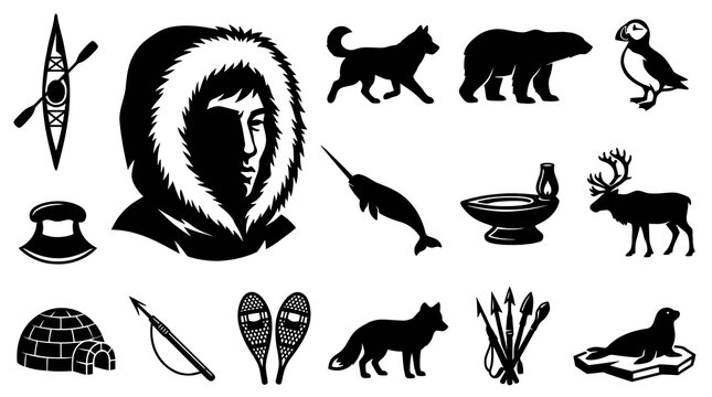Arctic Inuit Culture  Wildlife Icons Set. Black  White Vector Silhouettes of Indigenous People, Northern Animals, Traditional Tools  Symbols.