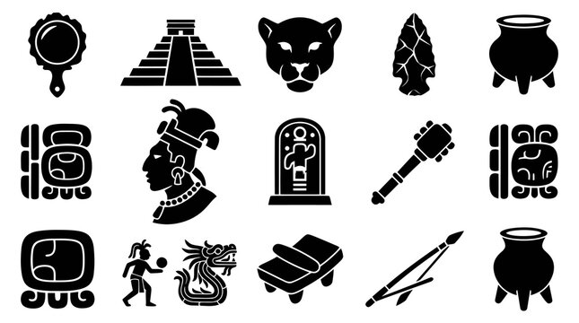 Maya Civilization Icons: Glyph, Aztec King, Jaguar, Pyramid, Mayan Calendar Symbols