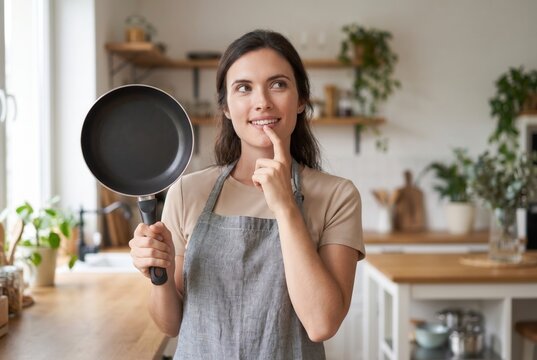 Woman wearing apron holding a frying pan, looking pensive while planning a meal