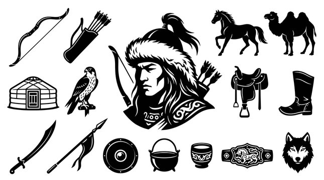 Black and White Vector Icons: Mongolian Warrior, Horse, Camel, Yurt, Falcon, Saber, Wolf