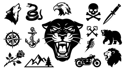 Fototapeta premium Black and white vector icons for tattoo art: wolf, snake, eagle, skull, dagger, panther, anchor, compass, rose, mountains, motorcycle, bear, lion, keys, lightning bolt