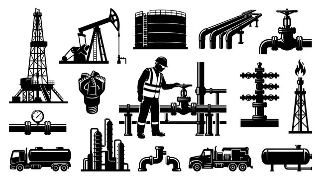 Oil and Gas Industry Black  White Silhouette Icons Set. Petroleum production, drilling, refinery, transportation, and energy elements vector collection.