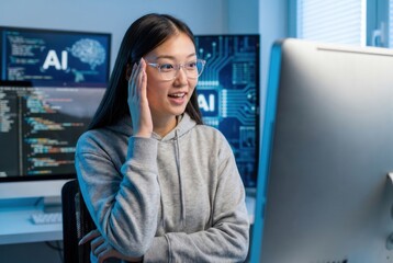 Fototapeta premium Woman developing artificial intelligence software with code on multiple computer screens