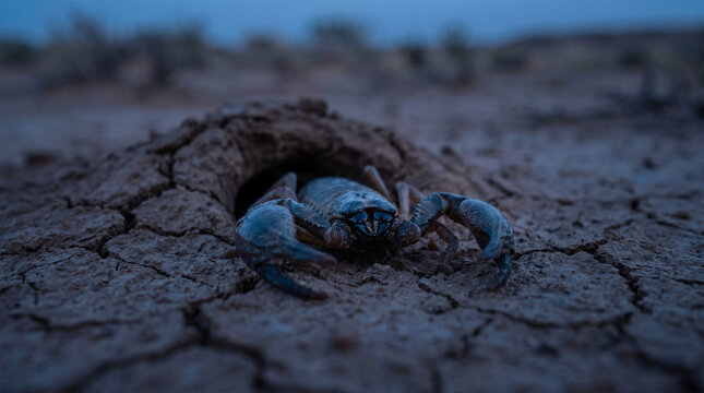 A cinematic shot of a scorpion peeking out from its spiral burrow in the earth. Only the front half of its body and its alert, black median eyes are visible. 