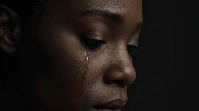 Black woman cries alone in dark room showing deep sadness heavy sadness flows down her cheek sadness touches viewer heart deeply sadness defines emotional moment clearly for audience today.