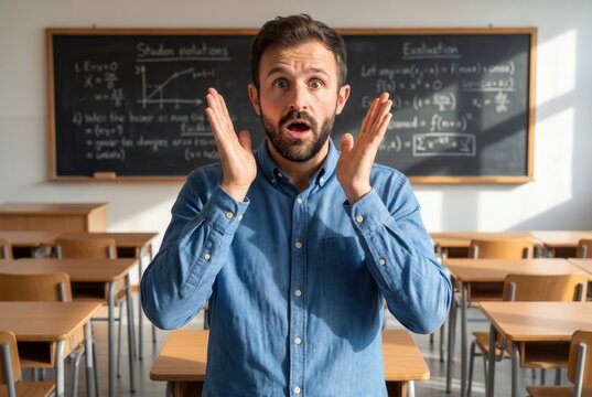 Male teacher looking surprised and shocked with hands up in a classroom setting