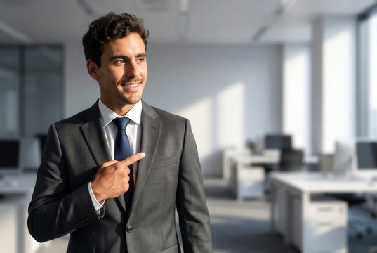 Confident businessman standing in an office, smiling and pointing to the side