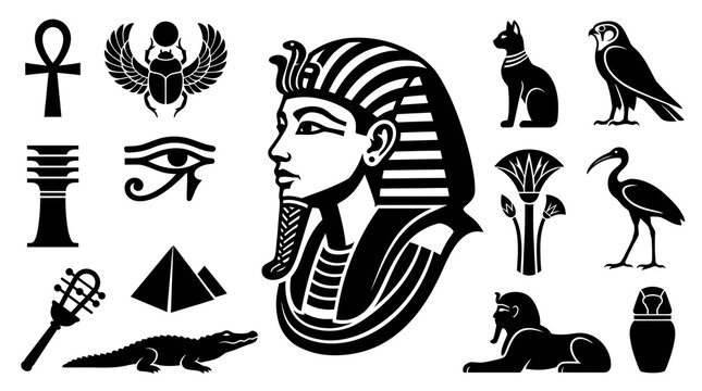 Ancient Egypt Black and White Silhouette Vector Icon Set. Egyptian Cultural Symbols Collection: Pharaoh, Pyramids, Ankh, Scarab, Sphinx, Cat, Eye of Horus.