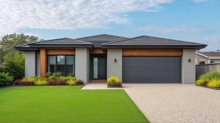 Fototapeta premium Modern Residential Home with Clean Lines, Stylish Design, and Lush Green Lawn Surrounded by Vibrant Landscaping Under Clear Blue Sky