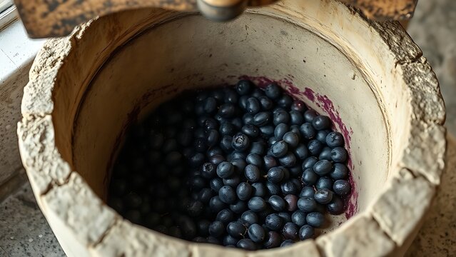 winepress. Ancient stone wine press with deep purple grape residue, textured surface in soft window light. bar promotions, beverage menus, designed for food & beverage menus and cafe branding.