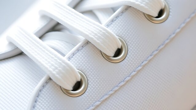aglet. Close-up of white sneaker lace with metallic aglet on fabric. lifestyle magazines, social media lookbooks, designed for influencer and brand collaborations, inspires lifestyle.