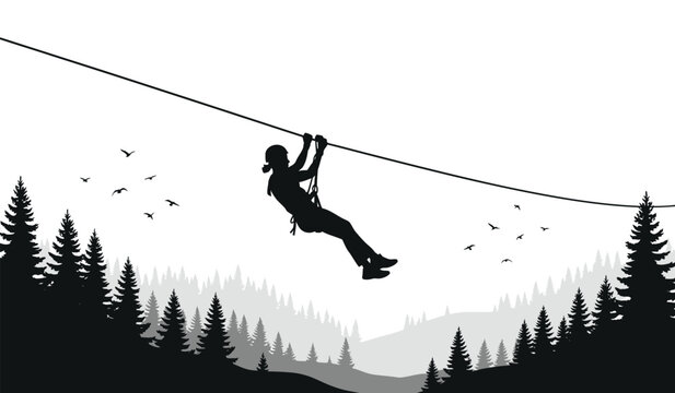 zipline rider silhouette with forest background adventurous outdoor activity illustration in black and white high quality professional detailed modern elegant stylish clean crisp vibrant