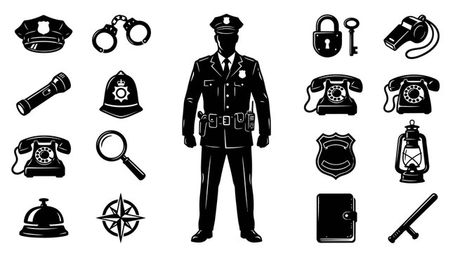 Law Enforcement Police Officer and Detective Icons Set in Black and White Glyph Style - Vintage Investigation Symbols and Security Tools