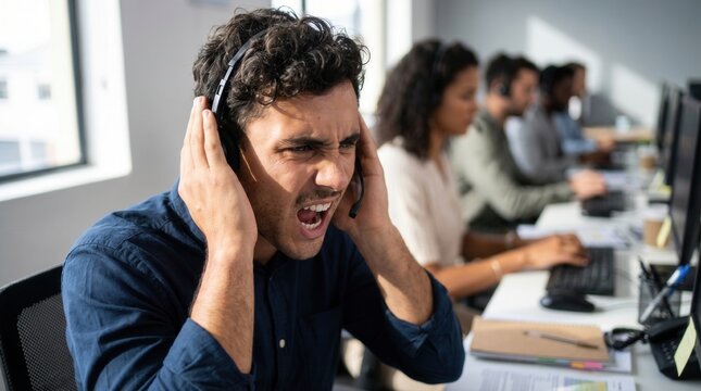 Stressed male customer service employee yelling in headset with hands on ears during difficult call