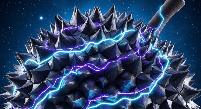 SciFi Metallic Durian Fruit Wrapped in Glowing Blue and Purple Electric Lightning Bolts against a Deep Starry Galaxy Background for Creative Energy Concept