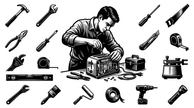 Black and White Line Art Engraving of a Handyman Repairing Toaster with Essential Tools, Perfect for Home Improvement and DIY Maintenance Concepts