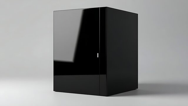 indelible. Minimalist glossy black cube with a thin vertical door on a soft grey background. real-estate listings, architecture portfolios, designed for interior renovation comparisons for interiors.
