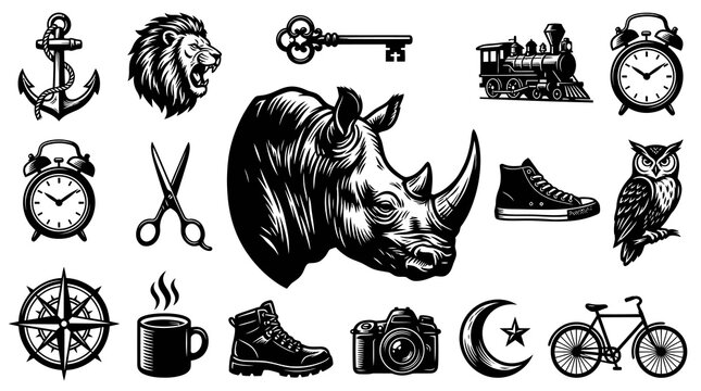 General Design  Lifestyle Vector Icon Collection: Vintage Black and White Engraving Style Line Art Illustrations of Diverse Elements and Symbols