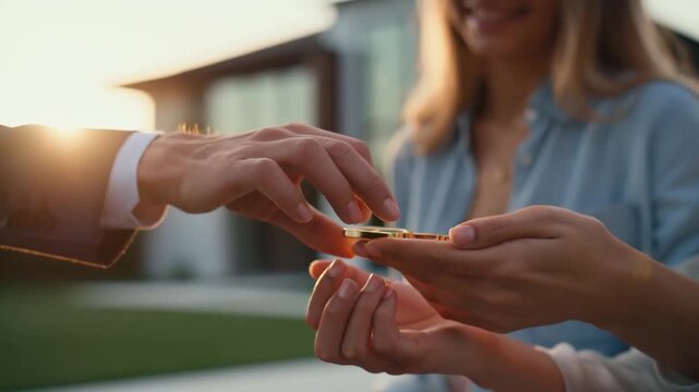 Professional agent hands over property key to clients skilled agent builds lasting trust quickly reliable agent ensures smooth closing process agent content attracts real estate platforms today.