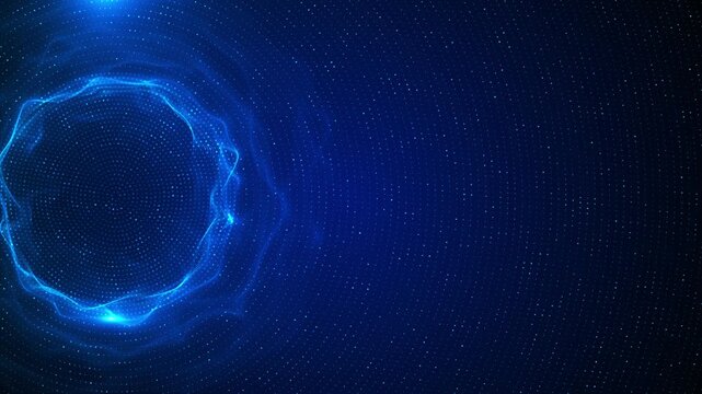 Blue abstract data sphere glows dotted waves, circular field patterns, and clean futuristic copy space AI videos, science explainers, digital promos, technology titles, modern motion backgrounds.