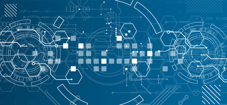 Technological background with various white elements in a drawing style on a blue background.