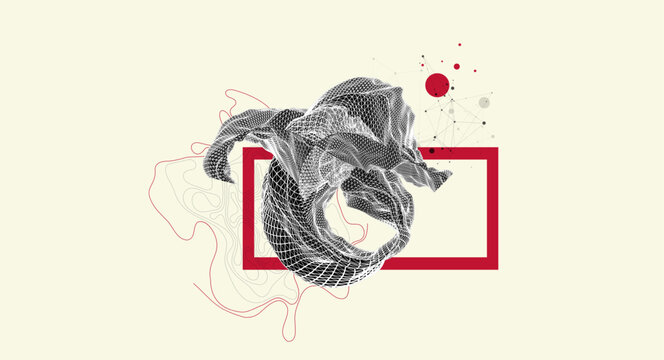 Abstract art composition with wireframe waves, geometric shapes, dots, and lines. Vector