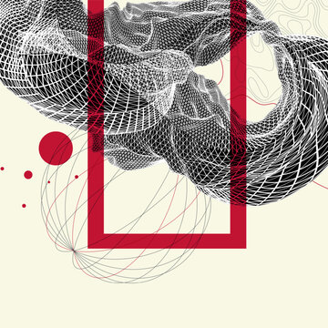 Abstract art composition with wireframe waves, geometric shapes, dots, and lines. Vector